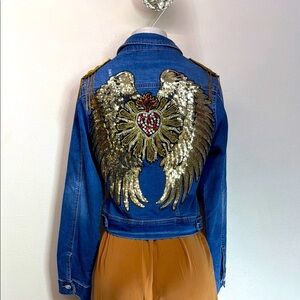 (N3) Denimland blue denim jacket, size M, with angel wings and shiny beads